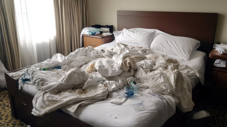 A messy hotel bed with a crumpled blanket after a restful sleepの素材