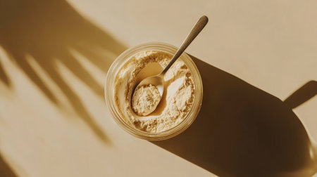 A minimalist shot of whey protein powder in a jar with a scoop placed neatly on the lidの素材