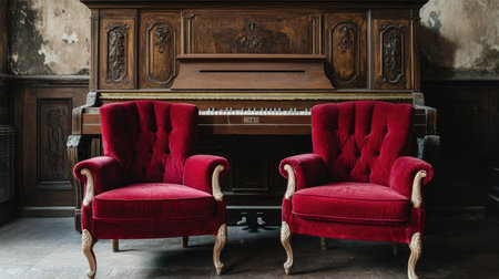 A pair of red velvet armchairs placed symmetrically in front of a vintage piano in an elegant roomの素材