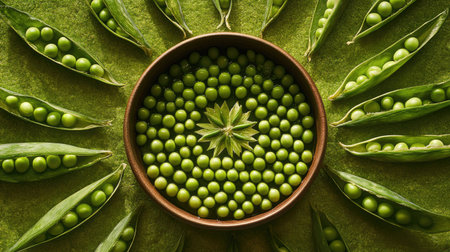A playful composition of a bowl of green peas surrounded by open pea pods arranged in a star patternの素材