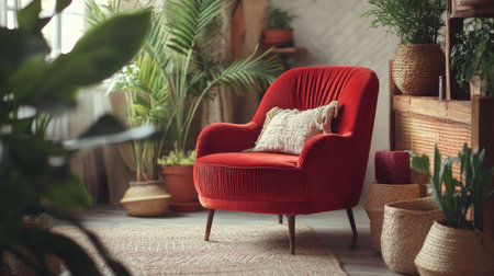 A red velvet accent chair in a bohemian-style room with eclectic decor and indoor plantsの素材