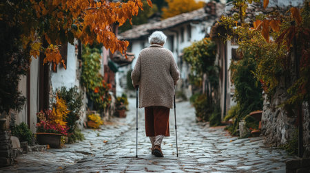 A senior woman using a walking stick to steady herself on a cobblestone street in a quaint villageの素材