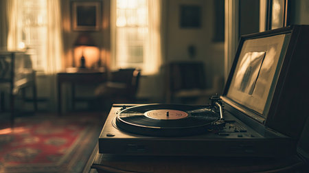 A nostalgic scene of a record player with classic jazz vinyl playing in a moody roomの素材