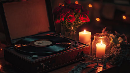 A romantic candlelit setup with a vintage record player and a bouquet of flowers nearbyの素材