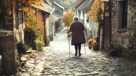A senior woman using a walking stick to steady herself on a cobblestone street in a quaint villageの素材