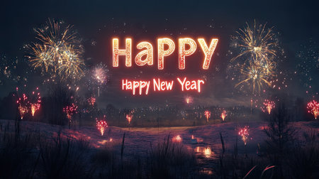 A rural setting with  Happy New Year in radiant letters above, and fireworks adding bright flashes to the sceneの素材