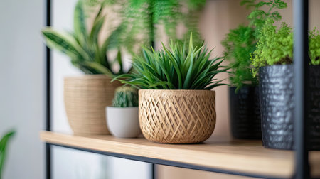 A living room shelf styled with artificial plants in eco-friendly bamboo potsの素材
