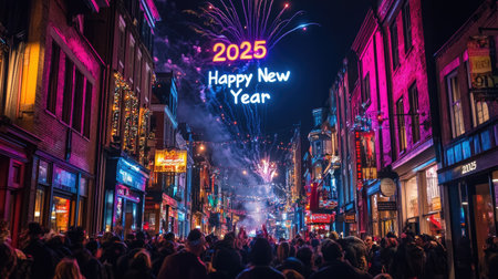 A lively street festival with  Happy New Year projected in the sky and fireworks illuminating the celebrationsの素材