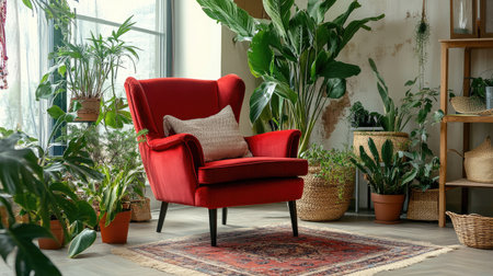 A red velvet accent chair in a bohemian-style room with eclectic decor and indoor plantsの素材