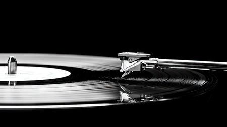 A nostalgic close-up of a needle arm lifting off a vinyl record at the end of a songの素材