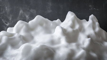 A heap of thick white foam forming peaks against a textured dark gray backgroundの素材