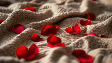 A romantic setting with rose petals scattered over a wrinkled blanketの素材