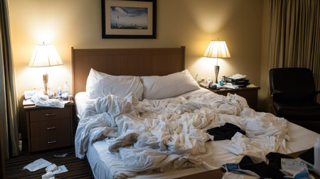 A messy hotel bed with a crumpled blanket after a restful sleepの素材