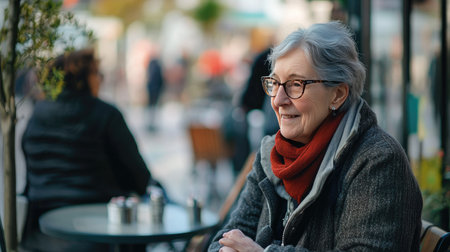 A senior woman with a walking stick chatting with a friend on a sidewalk cafの素材