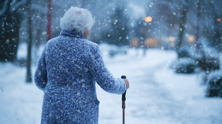 A senior woman walking through a snow-covered park, her walking stick helping her navigate icy pathsの素材