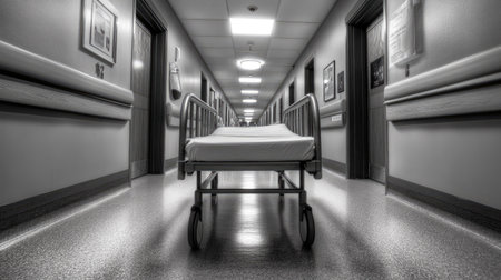 An unoccupied hospital bed resting in a silent, dimly lit hallway, creating a sense of stillness.の素材