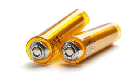 Alkaline battery with positive and negative ends visible, isolated on a white background.の素材