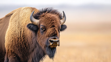 Close-up of an American bison's face, highlighting its textured fur and sharp, focused eyes, with a blurred prairie backdrop for a natural lookの素材
