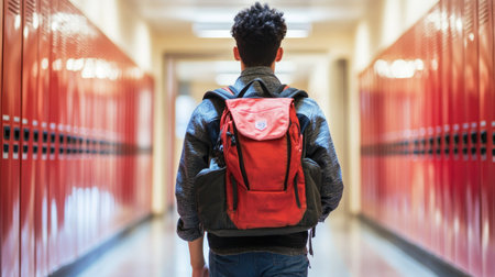 Young student with a big backpack walking down the school corridor, ready for a day of classes, with lockers lining the wallsの素材