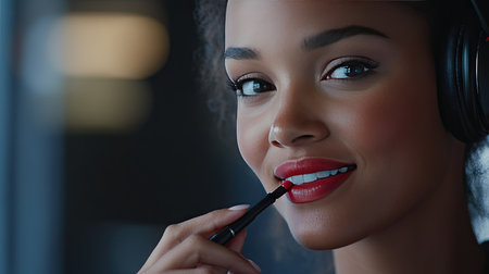 Close-up of a professional woman in headset, smiling slightly as she applies lipstick. Background softly blurred for emphasis on her face.の素材
