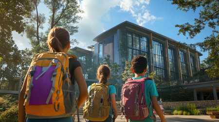 Group of kids wearing backpacks, chatting as they enter the school building together under a bright morning skyの素材