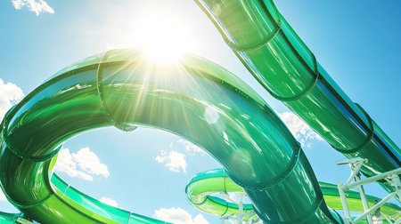 Close-up of a twisting green water slide with sharp turns, shining under the sun, and set against the bright blue skyの素材
