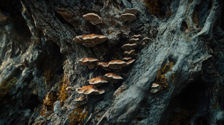 Close-up of a mushroom cluster growing along the bark of an old tree, with rich moss and earthy textures, in soft, natural lightの素材