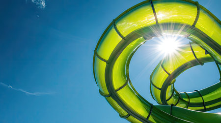 Close-up of a twisting green water slide with sharp turns, shining under the sun, and set against the bright blue skyの素材