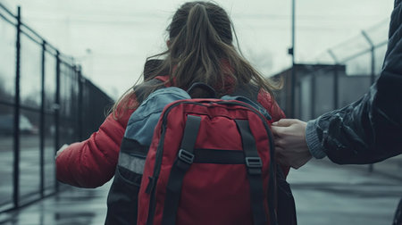 Back view of a girl wearing a big backpack, holding a parent's hand as they approach the school gate togetherの素材