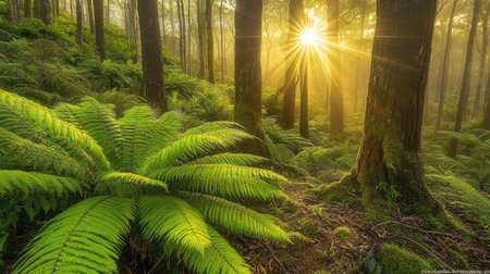 Soft morning light highlighting dense rainforest leaves, casting an ethereal glow over the lush green foliage and forest floorの素材