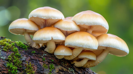 Close-up of a mushroom cluster growing along the bark of an old tree, with rich moss and earthy textures, in soft, natural lightの素材