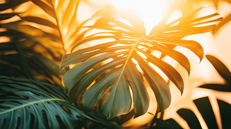 Golden sunlight illuminating tropical leaves in a dense rainforest, casting a beautiful glow over the green vegetationの素材