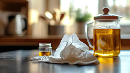 Close-up of a used tissue on a kitchen counter, next to a tea kettle and a small container of honey, hinting at soothing remediesの素材