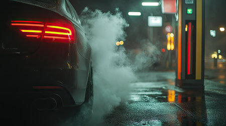 Smoky exhaust from a car idling at a gas station, emphasizing the environmental impact of fossil fuels and vehicle emissionsの素材