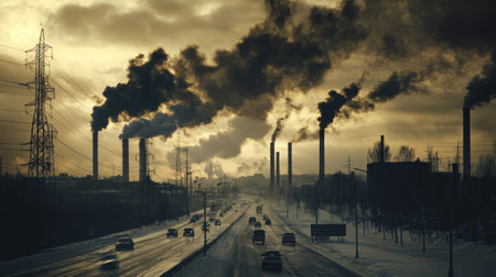 Dark clouds of smoke from several exhaust pipes in a packed highway, showing vehicle pollution's impact on visibility and air qualityの素材