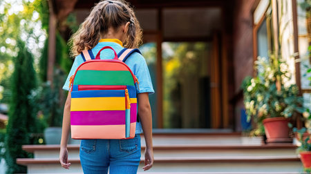 Child with a brightly colored backpack looking back while walking up the school steps, ready to start a new school yearの素材