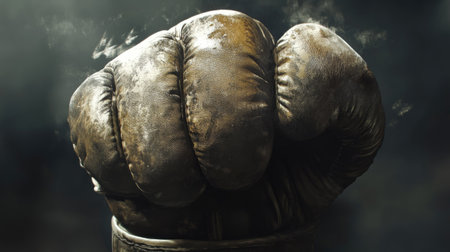 Boxer wearing gloves in a close-up, fists clenched in front of face. The gloves are worn, adding a rugged feel. Soft shadows highlight strength.の素材