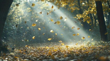 Golden leaves covering the ground in a beautiful autumn forest glade, with sunlight streaming through branches, creating a tranquil sceneの素材