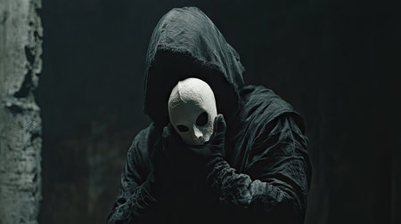 Hooded man holding a white mask in a dark room, half of his face in shadow, creating a mysterious and slightly eerie atmosphereの素材