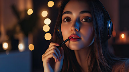 Young woman in a headset, holding lipstick to her lips in a close-up. Her relaxed expression and soft lighting create a warm, professional vibe.の素材