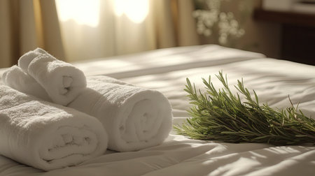 A bed styled for a spa retreat with white linens, a single towel, and aromatic rosemary.の素材
