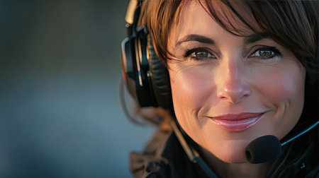 Woman in headset, speaking with a friendly smile as she looks into the camera. Her professionalism radiates from her expression.の素材