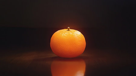 Whole orange fruit centered against a dark, black background with soft lighting, creating a simple and elegant compositionの素材