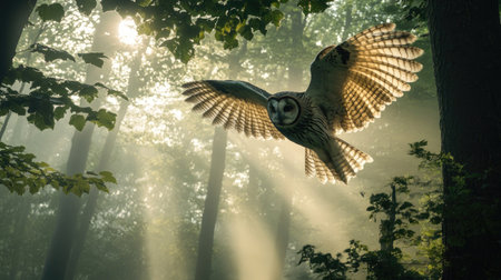 An owl's wings extended mid-flight in a foggy morning forest, with light filtering through the trees.の素材