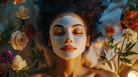 Woman with a facial sheet mask on, eyes closed in relaxation, with fresh flowers and candles nearby, creating a spa-like settingの素材