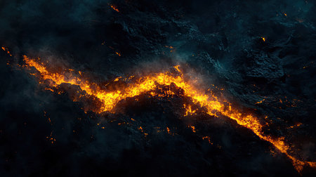 Aerial view of a fiery lava flow cutting through a dark volcanic landscape at night.の素材