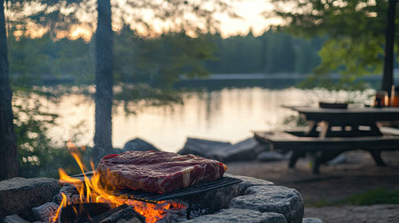 A beef steak grilling on a stone-lined fire pit, surrounded by a serene lakeside camping setup.の素材