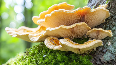 Close-up of wild mushrooms growing from a mossy tree trunk, their textures and shapes highlighted by soft, natural forest lightingの素材