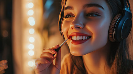 Close-up of young woman in headset, smiling as she applies lipstick. Lighting focuses on her hand and lips for a polished, professional vibe.の素材