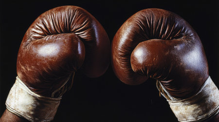 Close-up on boxer's clenched gloved fists, positioned in front of their face. Dark background emphasizes intensity and focus.の素材